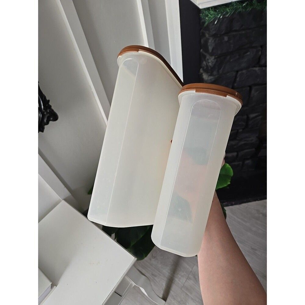Vtg Tupperware Lot 2 Tall Sheer 12 1/4 Cup Container and 9 3/4 Brown Lids - Picture 3 of 7